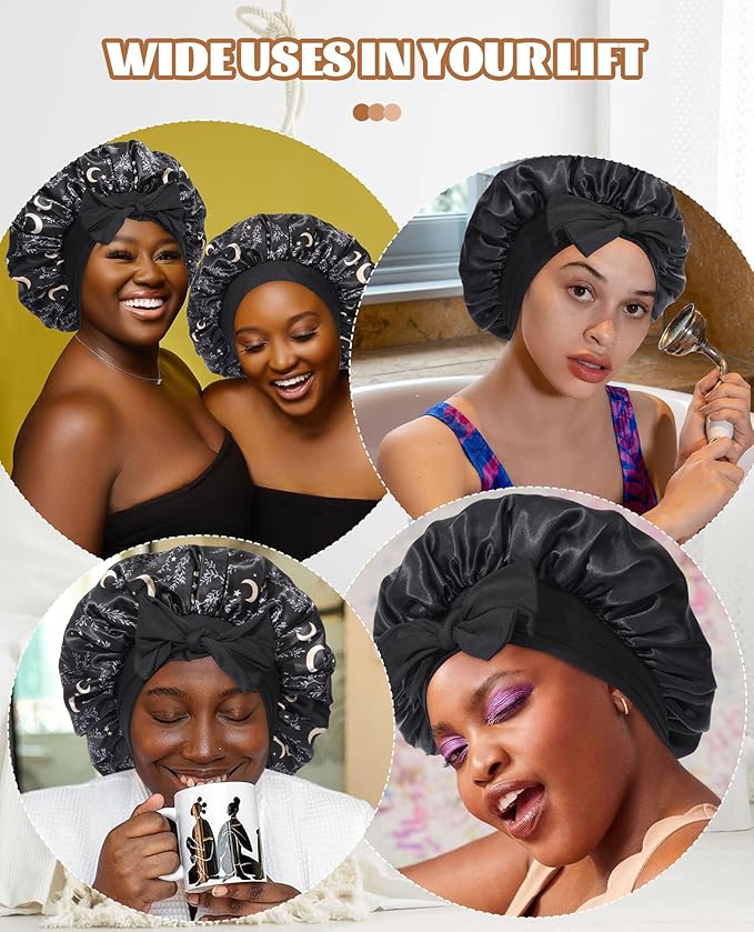 Satin Bonnet Silk Bonnet for Sleeping Silk Sleep Cap Double Layer Hair Bonnet with Elastic Tie Band for Curly Hair Night Cap (Black stars and moon+Black)