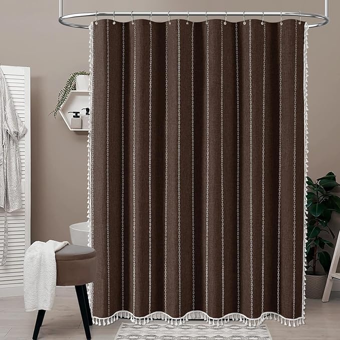 BTTN 78 Inch Long Shower Curtain - Boho Farmhouse Striped Linen Fabric Shower Curtain Set with Tassel, Water Repellent, Tall Rustic Country Shower Curtain for Bathroom with Hooks, 72x78, Brown