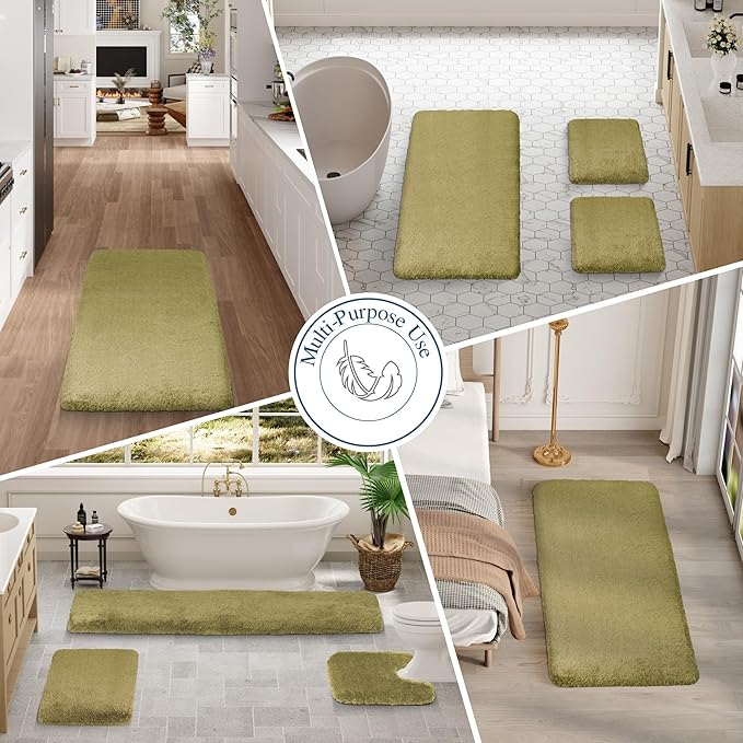Walensee Bath Rug - Non Slip, Soft Microfiber Shaggy Bath Mat (20 x 32, Olive Green) Water Absorbent, Machine Washable, Thick Plush Shower Mat