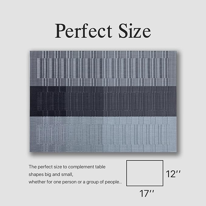 Placemats Set of 12 - Easy Clean Woven Vinyl Placemats for Dining Table, Indoor/Outdoor Place Mats, Washable PVC Table Mats (Silver Gray Black)