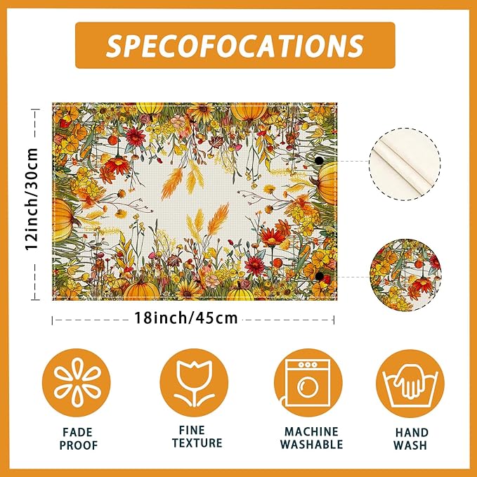 XCHI Fall Color Wild Flowers Pumpkin Placemats Set of 4 Table Mats for Party Home Kitchen Dining Table Decorations 12x18 Inch