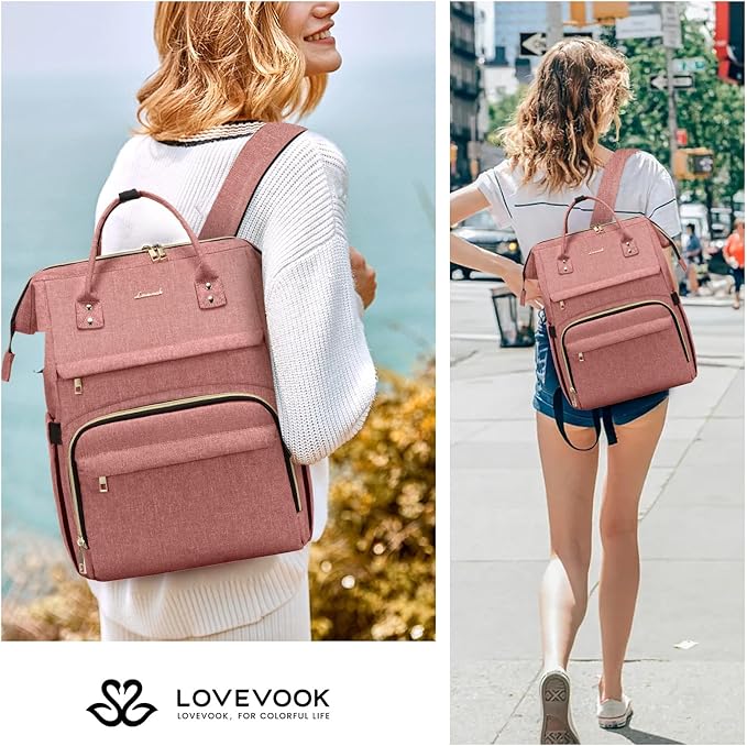 LOVEVOOK Laptop Backpack for Women,17 Inch Professional Womens Travel Backpack Purse Computer Laptop Bag Nurse Teacher Backpack,Waterproof College Work Bags Carry on Back Pack with USB Port,Light-pink