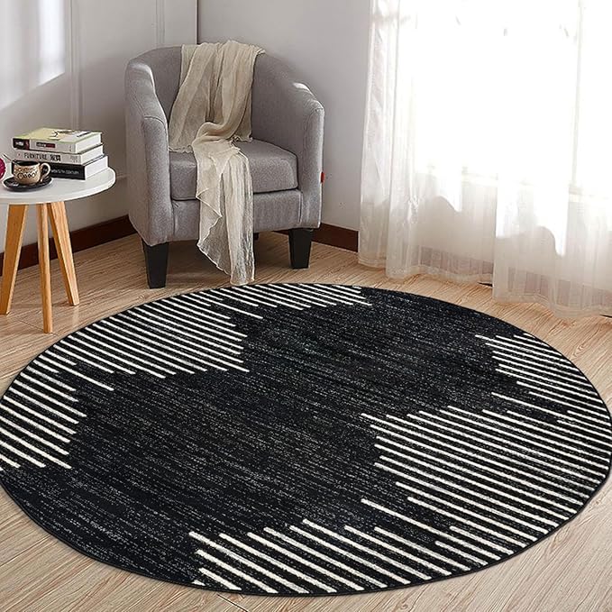 Rugshop Bohemian Stripe Stain Resistant High Traffic Living Room Kitchen Bedroom Dining Home Office Round Area Rug 6' Round Black