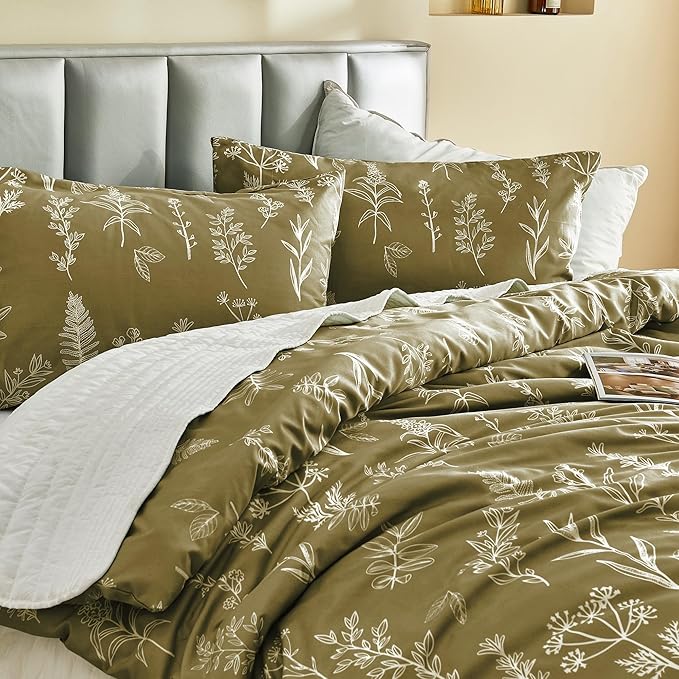 MUXHOMO Duvet Cover King Size, Reversible Floral Olive Green Duvet Cover Set with Zipper Closure, 3 Pieces Botanical Patterns Soft Microfiber Bedding Set (90"x104", 2 Pillow Cases 20"×36")