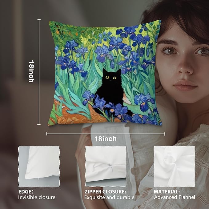 William Morris Floral Black Cat Pillow Covers 18x18, Cat Lovers Mom Grandma Gifts for Mother's Day, Blue Floral Cats Decorative Pillow Covers for Home Bedroom Living Room Office Decor