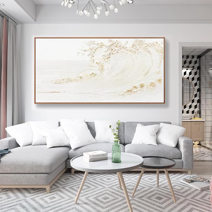 Canvas Wall Art Decor Bedroom Hand Painted White Wave With Golden Embellishments Pictures Decoration Artwork Wall Art Large Modern Painting Pictures For Living Room Home Kitchen Office 29"x58" Inch With Framed