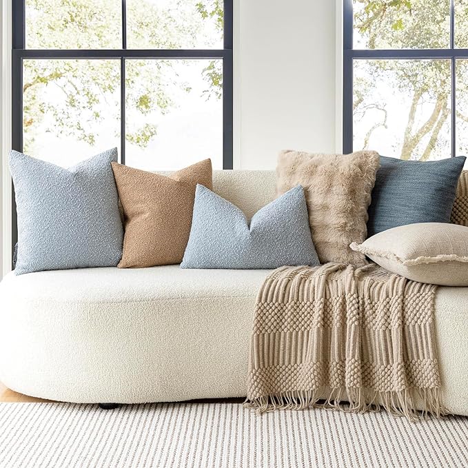 Foindtower Pack of 2 Modern Textured Boucle Lumber Throw Pillow Covers Accent Solid Decorative Pillow Cases Cozy Couch Cushion Case for Sofa Bed Living Room Home Decor, 12 x 20 Inch, Light Blue