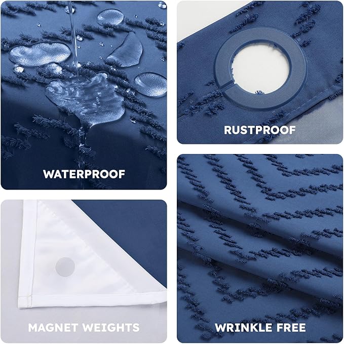 No Hook Shower Curtain and Snap in Liner Set Navy Blue Tufted Chevron Striped Cloth Waterproof Washable Fabric Boho Bath Curtain with See Through Mesh Top Window for Bathroom Hotel 71" x 74"