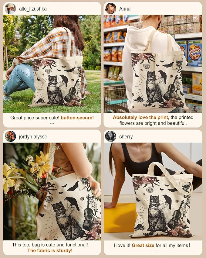 Canvas Tote Bag for Women – Aesthetic Canvas Bag with Zipper Cute Stylish Reusable Shoulder Totes for Shopping Work Daily Vacation, Crow Cat