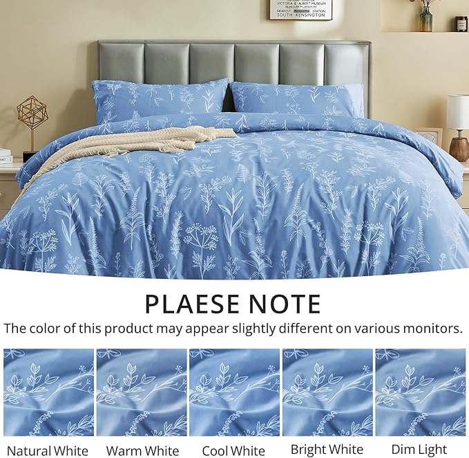 MUXHOMO Duvet Cover King Size, Reversible Floral Ice Blue Duvet Cover Set with Zipper Closure, 3 Pieces Botanical Patterns Soft Microfiber Bedding Set with 4 Ties (90"x104", 2 Pillow Cases)