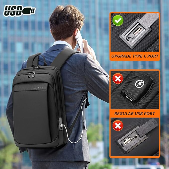 FENRUIEN Work Backpack for Men, Water Resistant Expandable Backpack with USB C Charging Port, Black 15.6 Laptop Backpack