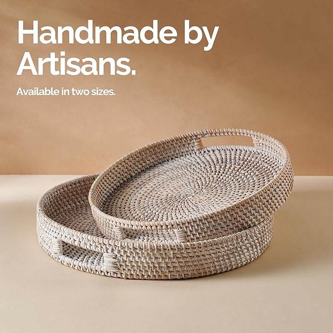 JUNGLE CULTURE Large Rattan Serving Tray 14" in Whitewash • Round Table Basket • Wicker Ottoman Trays with Handles for Coffee Table, Bed Side or Couch • Flat Circle Woven Tray • Boho Farmhouse Decor