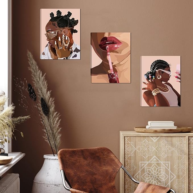 ANVOTIG Framed African American Black Girl Canvas Wall Art Set of 3 Fashion Black Women Wall Decor Pictures Hip Hop Sunglasses Jewelry Posters Prints Paintings for Home Living Room Bedroom16x24in