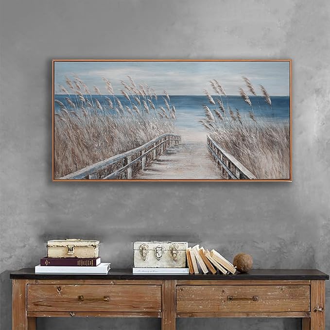 Wall Art Decor Wall Canvas Painting Reed And Blue Coast Landscape Decor Framed For Living Room Bedroom Dining Room Home Office Modern Abstract Artwork Home Decoration 24"x48"