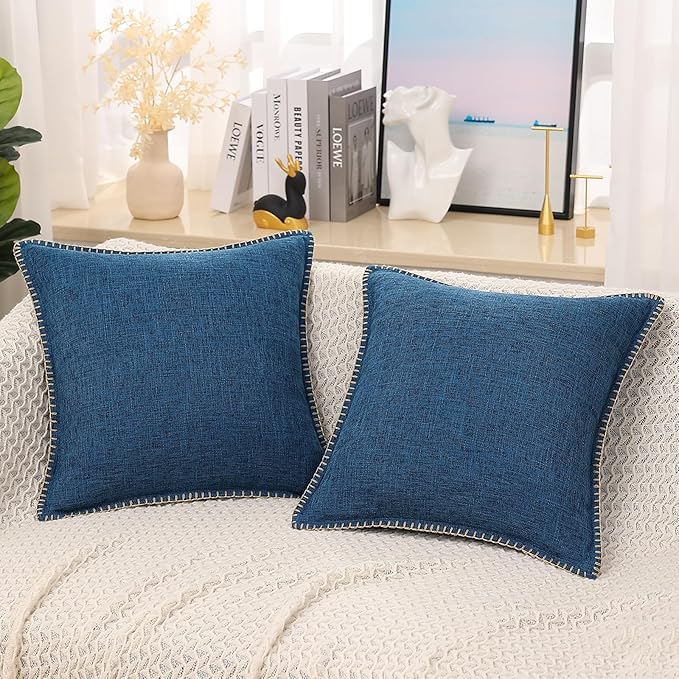 decorUhome Decorative Outdoor Throw Pillow Covers 24x24 Set of 2, Square Linen Rustic Neutral Farmhouse Euro Pillow Covers with Stitched Edge for Couch, Sofa, Living Room, Dark Blue