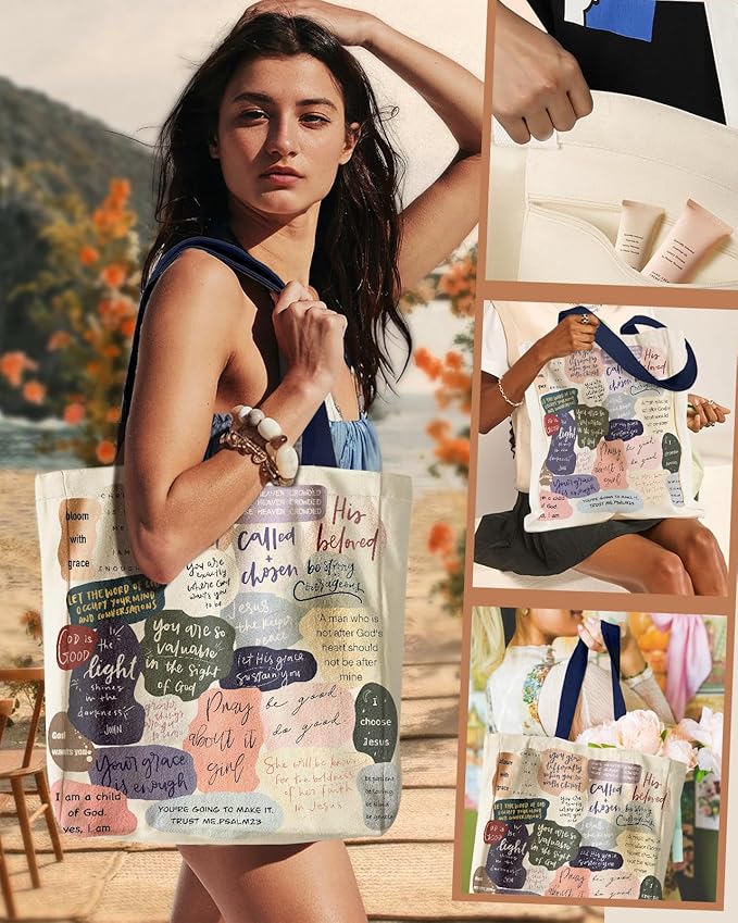 Aesthetic Heavy Canvas Tote Bag with Pocket for Women, Cloth Gusseted Totes Bag with Pattern for Shopping