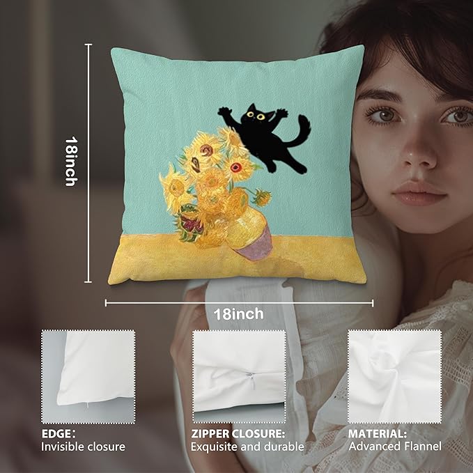 Floral Black Cat Pillow Covers 18x18, Cats Lovers Mom Grandma Gifts for Mother's Day, Funny Van Gogh Sunflower Black Cat Art Pillow Covers for Home Bedroom Living Room Office Decor