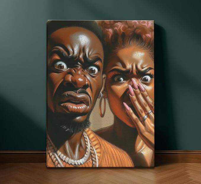 JASMIE Funny African American Bathroom Canvas Wall Art Humor Afrocentric Black Couple Unpleasant Smell Cover Nose Painting Pictures Wall Decor Print Artwork for Washroom Toilet Home Decoration