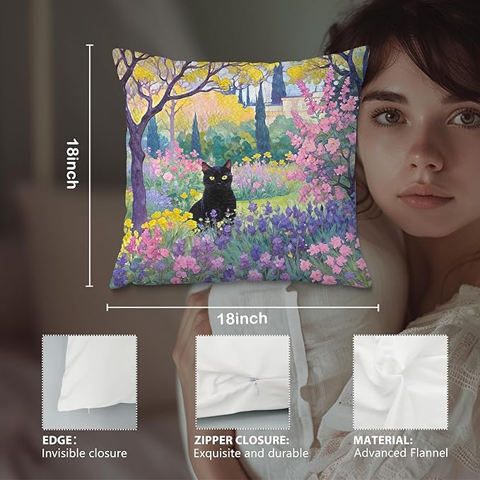 Spring Garden Black Cat Pillow Covers 18x18, Cats Lovers Lady Gifts, Cat Mom Grandma Gifts, Vintage Floral Cats Decorative Pillow Covers for Home Bedroom Living Room Office Decor