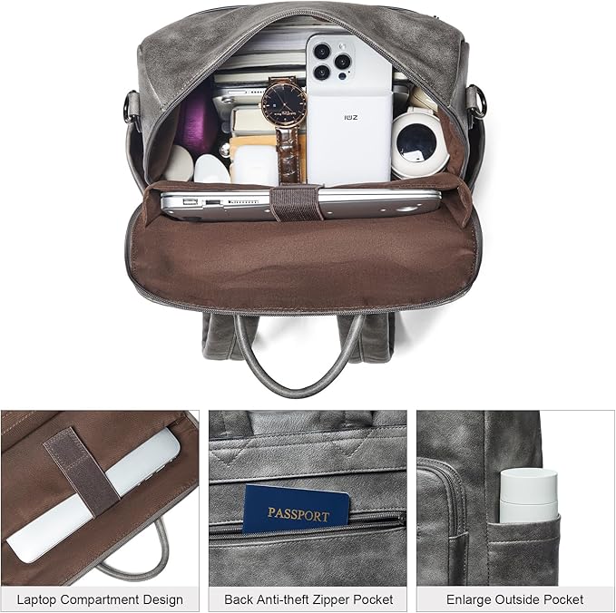 Shrrie 15.6 inch Laptop Backpack for Women,Large Leather Purse,Travel Backpacks Carry on,Water Resistant Casual Laptop Backpacks,College Backpack,Work Backpack for Women,Two-toned Deep Gray