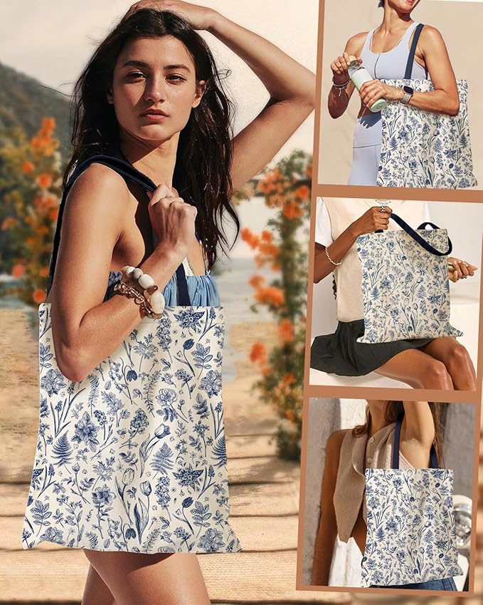Aesthetic Canvas Tote Bag with Inner Pocket for Women, Cloth Cotton Totes Bag with Pattern for Shopping, Gym
