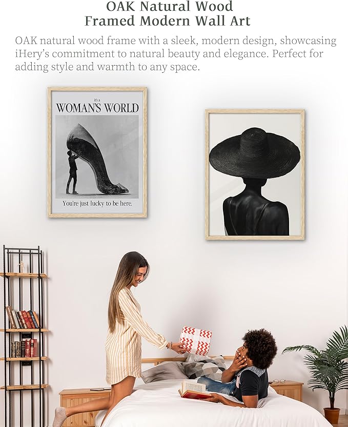 iHery Natural OAK Wood Black Girl Framed Wall Art, 12x16 in Black and White Modern Canvas Wall Art, Trendy African American Black Bedroom Decor, Set of 1 For Bathroom Living Room