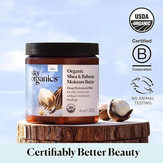 Sky Organics USDA Organic Shea & Babassu Moisture Butter, Deeply Hydrating, Nourishing, Soft, Shiny, Healthier-Looking Curls, Tames Frizz, Boosts Shine, Conditions, Curly Hair, 8 Oz w Ebook