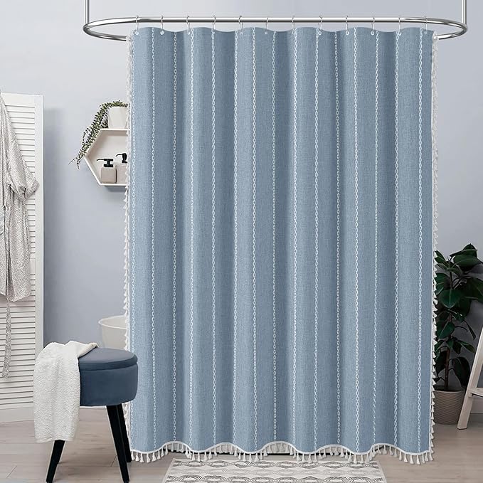 BTTN 78 Inch Long Shower Curtain - Boho Farmhouse Linen Striped Fabric Shower Curtain Set with Tassel, Tall Rustic Country Water Repellent Cloth Shower Curtains Set for Bathroom with Hook, 72x78, Blue
