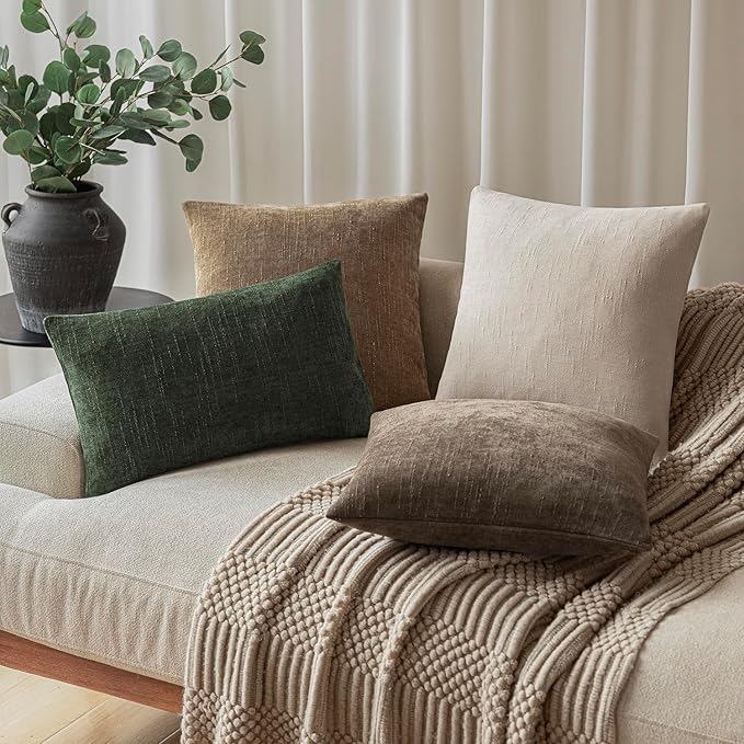 Foindtower Pack of 2 Textured Chenille Throw Decorative Pillow Covers Square Accent Solid Cushion Cover Neutral Farmhouse Lumbar Pillow Case for Couch Sofa Bedroom Living Room 12x20 Inch,Dark Green