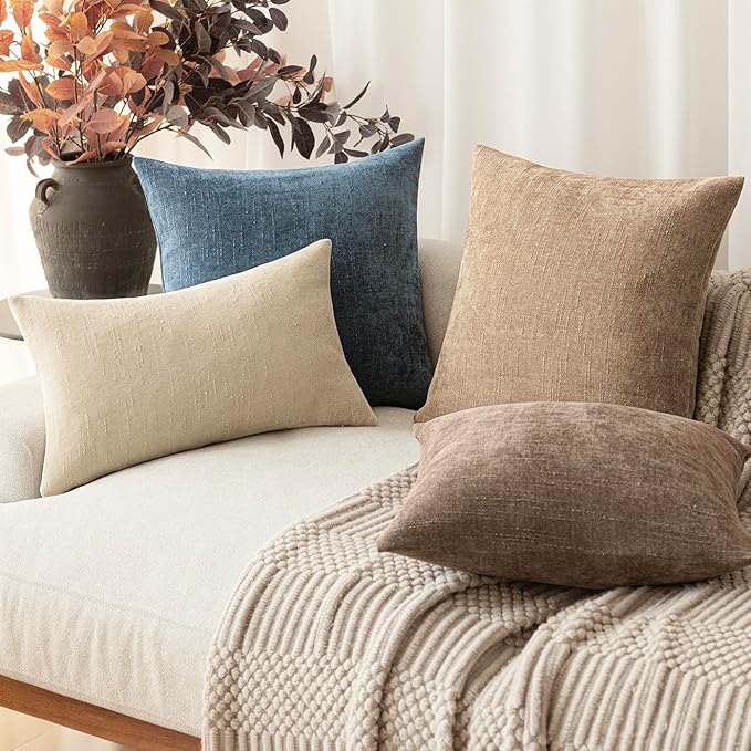 Foindtower Pack of 2 Textured Chenille Throw Decorative Pillow Covers Square Accent Solid Cushion Cover Neutral Farmhouse Lumbar Pillow Case for Couch Sofa Bedroom Living Room 12x24 Inch,Blue