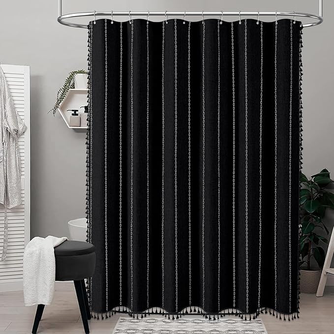 BTTN 78 Inch Long Shower Curtain - Boho Farmhouse Striped Linen Fabric Shower Curtain Set with Tassel, Tall Rustic Country Luxury Shower Curtains for Bathroom with Hooks, 72x78, Black and White