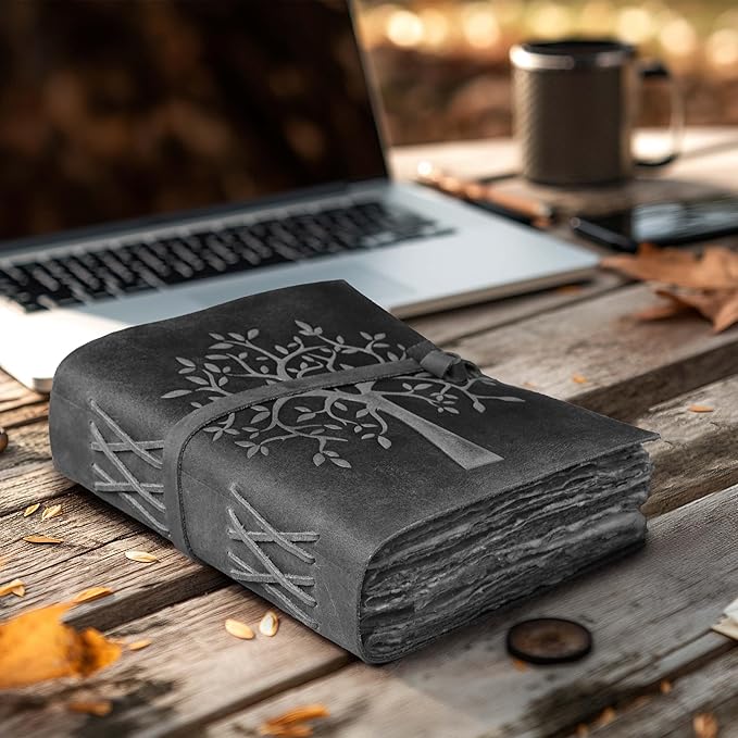 LEATHER VILLAGE Tree of Life Journal - 10 X 7 inches - Rustic Black - 200 Antique Deckle Edge Handmade Paper – Book of Shadows - Vintage Leather Bound Journal for Women & Men