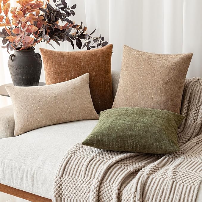 Foindtower Set of 2 Textured Chenille Throw Decorative Pillow Covers Square Accent Solid Cushion Cover Neutral Farmhouse Lumbar Pillow Case for Couch Sofa Bedroom Living Room 12x20 Inch,Cream Camel