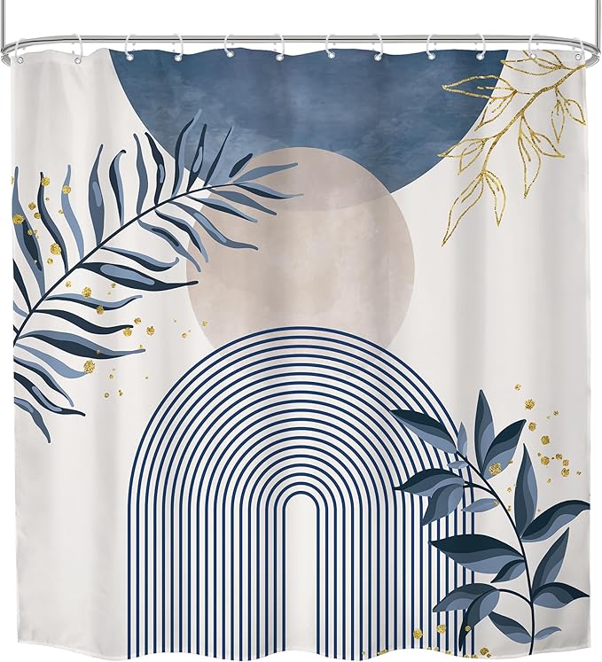 Blue Boho Shower Curtain 72Wx72H Modern Bohemian Abstract Leaves Plant Botanical Grey Mid Century Minimalist Arch Bathroom Decor Geometric Neutral Bath Curtain Fabric Polyester 12 Pack Hook