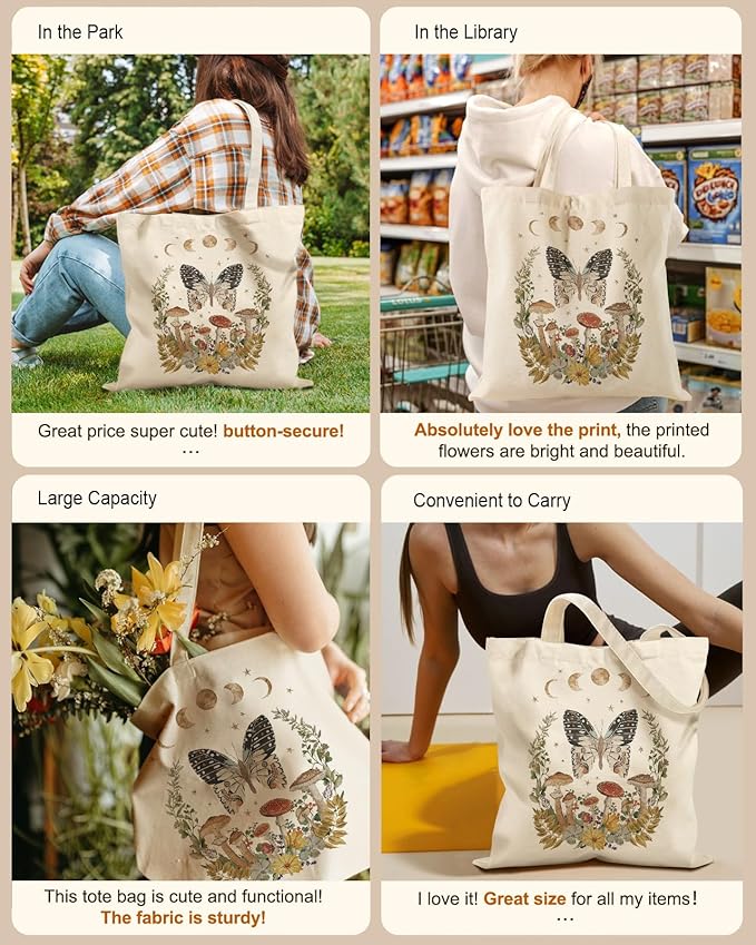 Aesthetic Tote Bag for Girls - with Magnetic Buckle and Zipper Inner Pocket for Women Lady Canvas Cotton Tote Bag