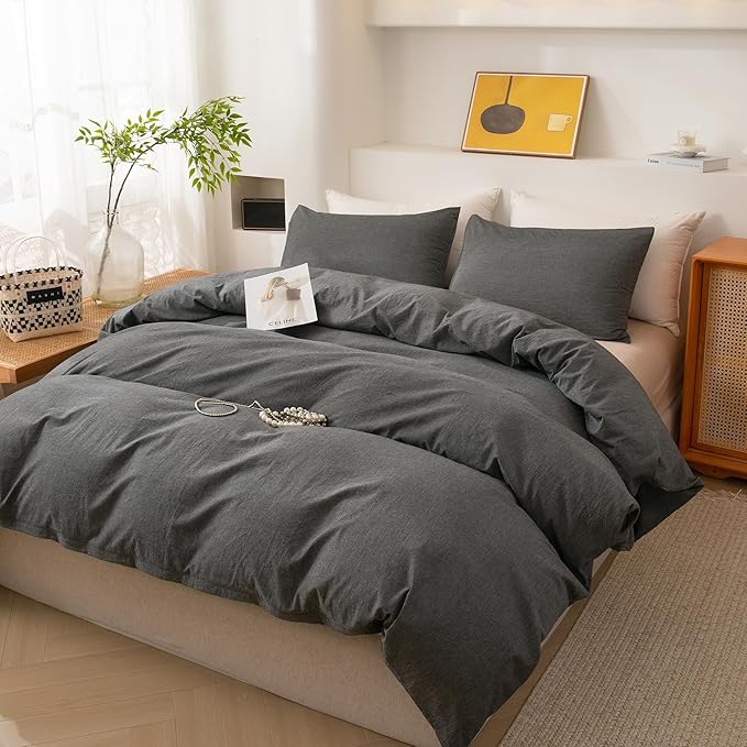 ECOCOTT Grey Duvet Cover Queen Size, 100% Washed Cotton 1 Duvet Cover with Zipper and 2 Pillowcases, Ultra Soft and Easy Care Breathable Cozy Simple Style Bedding Set(Dark Grey)