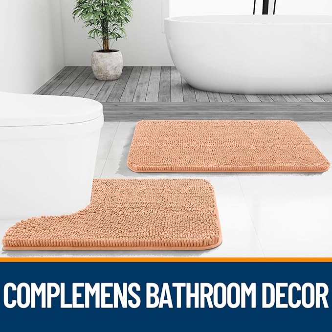 OLANLY Bathroom Rugs 44x24, Extra Soft Absorbent Chenille Bath Rugs, Rubber Backing Quick Dry, Machine Washable Bath Mats for Bathroom Floor, Tub and Shower, Home Decor Accessories, Peach