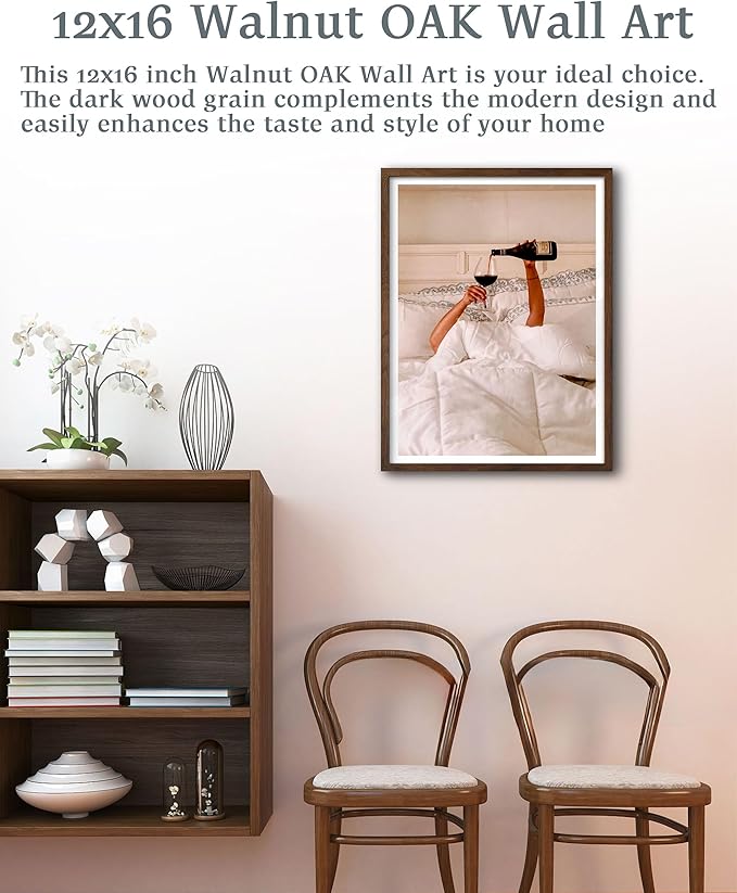 EcoHest Woman Drinking Wine in Bed Framed Wall Art Walnut Color, 12x16 in OAK Wood Feminist Alcohol Canvas Art, Trendy Teen Girl Bar Cart Print College Room Decor Set of 1 For Bedroom Living Room