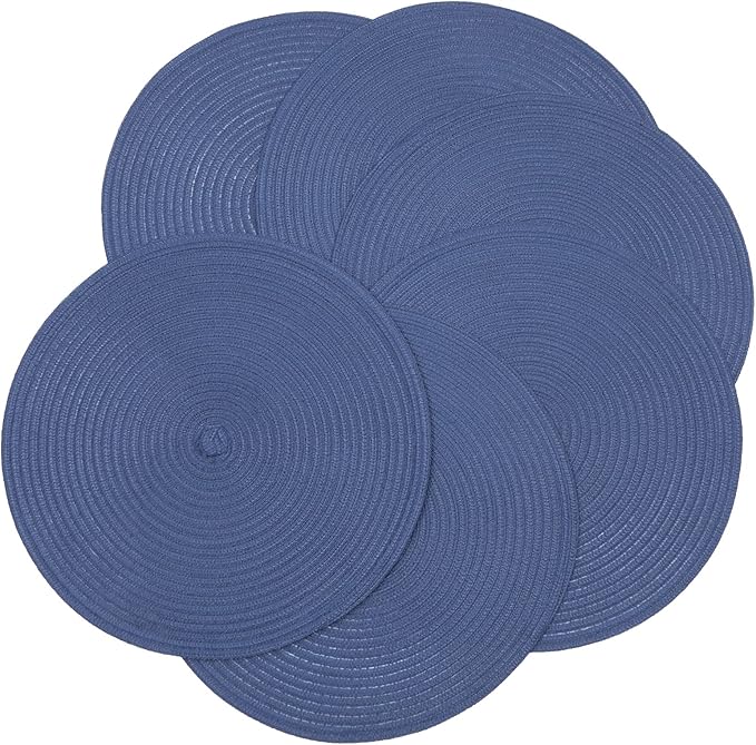 SHACOS Round Placemats Set of 6 Washable 15 inch Round Table Mats Cotton Polyester Woven Braided Place Mats for Dining Table (Sail Blue, 6)