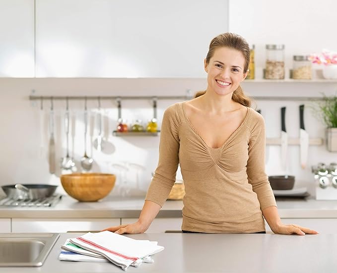 Aunti Em's Kitchen Dish Towels Set (13 Pack) Natural Cotton Fabric for Embroidery - Zero-Lint Cloth for Drying Glasses, Plates, Hand - 25.5 x 15.5 Inch (13-Pack Blue Stripes)