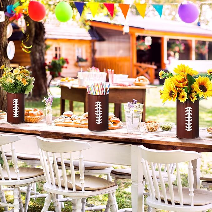 Domensi 12 Pcs Football Table Centerpiece Football Vases Decor Galvanized Metal Vases for Artificial Flowers Rugby Funny Pen Holder Utensil Holder Jars for Kitchen Home Rugby Party Decorations Gifts