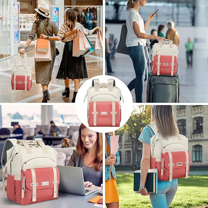 FALANKO Laptop Backpack for Women,Teacher Doctor Nurse Work Purse Bag for 15.6 Inch Laptop, Wide Open backpack With USB Charging Port RFID Pocket, Large, Water Resistant, White-Pink