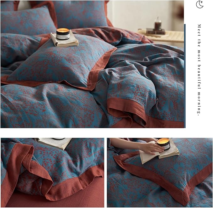 mixinni Muslin Cotton Vintage Blue Floral Duvet Cover Queen Size 3pcs Yarn Dyed Burgundy Jacquard Weave Bedding Comforter Cover Soft Breathable Bedding Sets for All Season-Queen Size