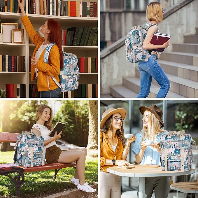 FALANKO Laptop Backpack for Women,Teacher Doctor Nurse Work Purse Bag for 15.6 Inch Laptop,Cute Cartoon Pattern backpack With USB Charging Port RFID Anti Theft Pocket, Large Travel Bookbag for Women