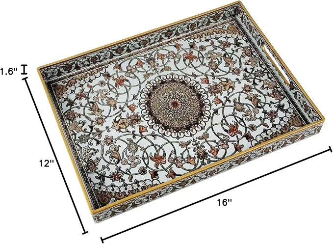 Large Plastic Serving Tray with Handles,Decorative Tray for Ottoman Coffee Table,Large Rectangular Boho Tray for Living Room Bathroom and Kitchen Counter,16"X12"
