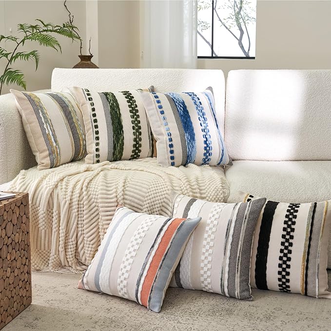 Aeckself Boho Throw Pillow Covers 18x18 Inch Set of 2, Farmhouse Decorative Striped Square Pillow Covers Chenille Tufted Pillow Cases Accent Neutral Pillowcase for Living Room Couch Bed, Orange Blue