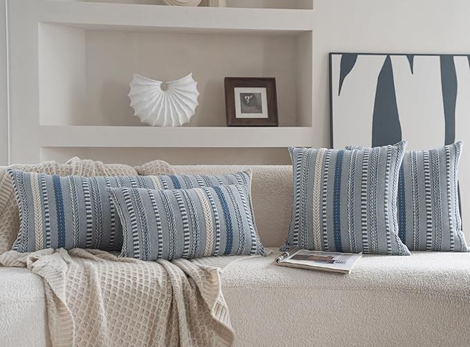 Boho Lumbar Pillow Covers 14x36 Long, Farmhouse Decorative Couch Pillow Cases, Blue Accent Pillows of Bed, Sofa Bedroom Living Room Home Decor Cushion Cover, Pack of 1