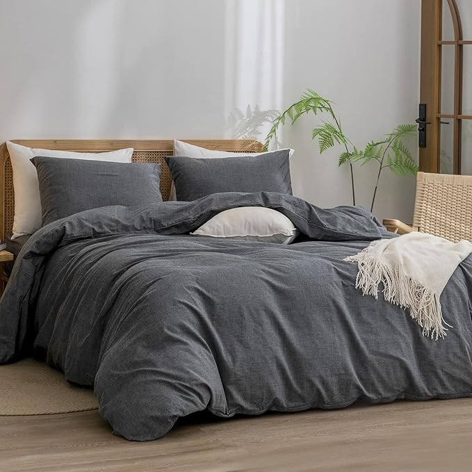 BESTOUCH Duvet Cover Set 100% Washed Cotton Linen Feel Super Soft Comfortable Chic Lightweight 3 PCs Home Bedding Set Solid Dark Black King