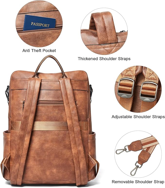 Shrrie 15.6 inch Laptop Backpack for Women,Large Leather Purse,Travel Backpacks Carry on,Water Resistant Casual Laptop Backpacks,College Backpack,Work Backpack for Women,Two-tone Camel Brown