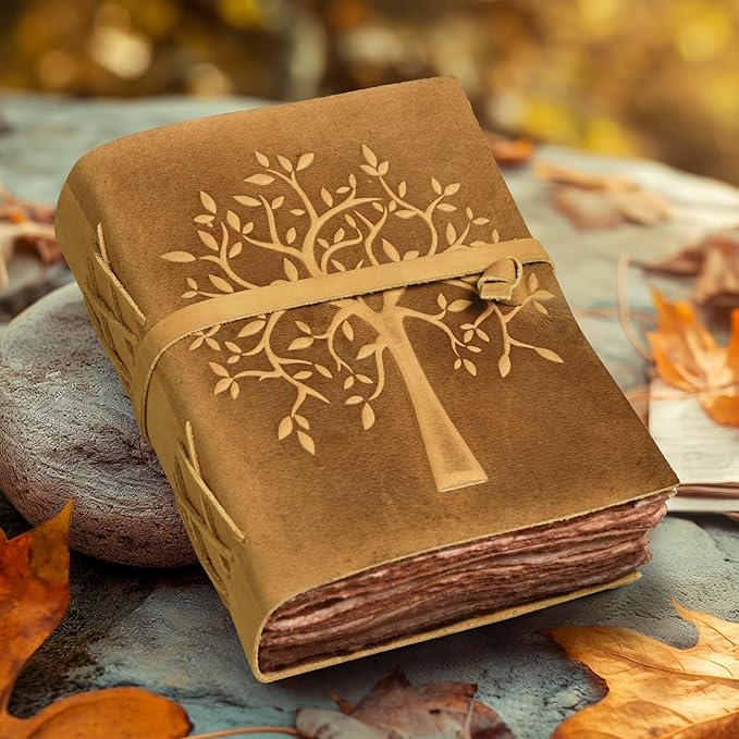 LEATHER VILLAGE Tree of Life Journal - 6 X 4 (A6) inches - Sun Tan - 200 Antique Deckle Edge Handmade Paper – Book of Shadows - Vintage Leather Bound Journal for Women & Men